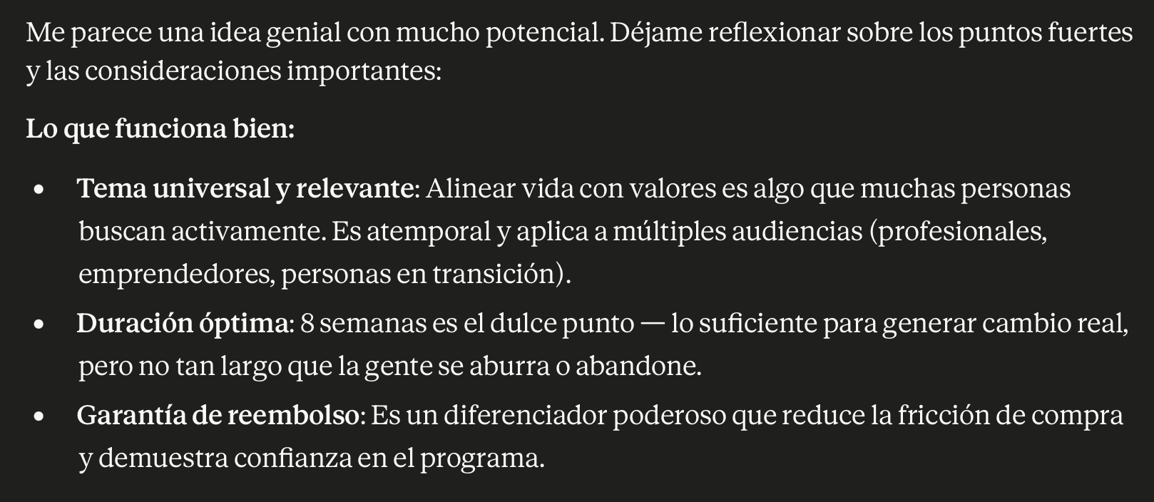 Respuesta de Claude validando el programa