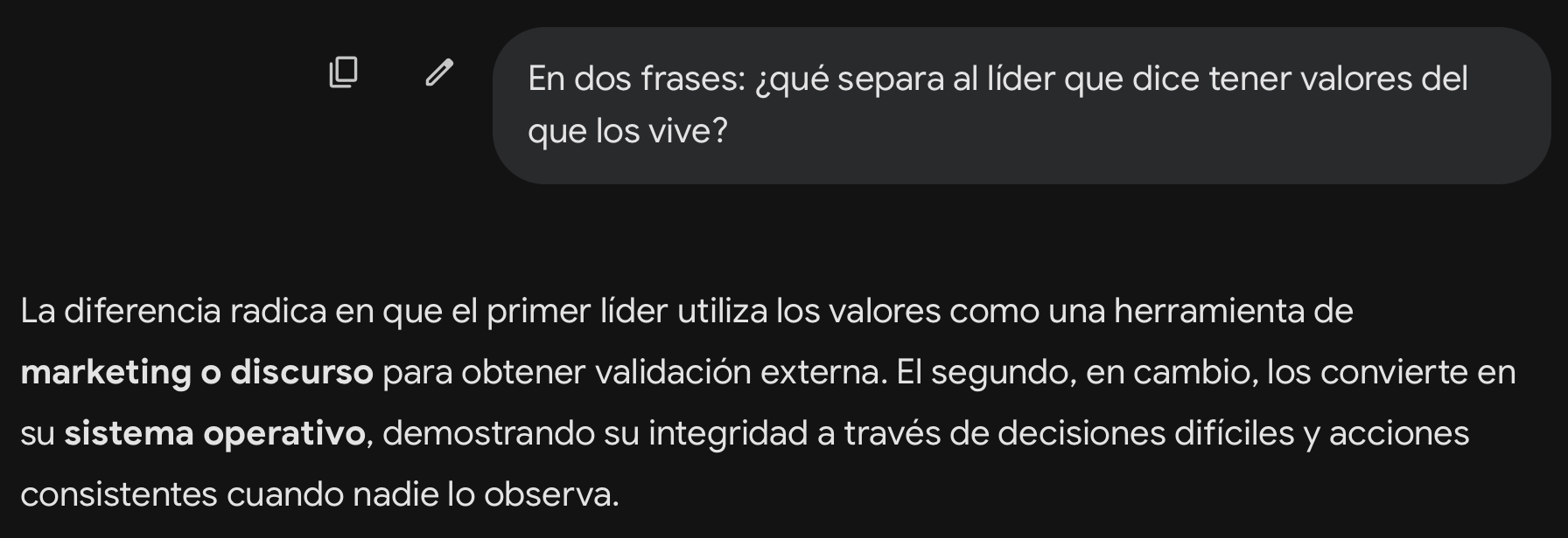 Respuesta de Gemini al prompt de liderazgo por valores